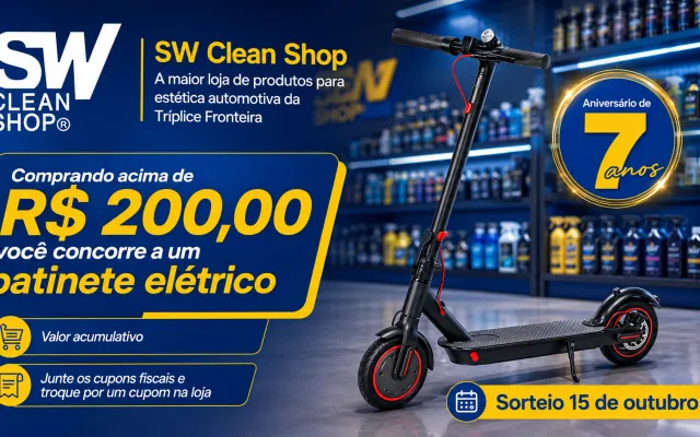 SW Clean Shop sorteia patinete elétrico em comemoração aos 7 anos da loja
