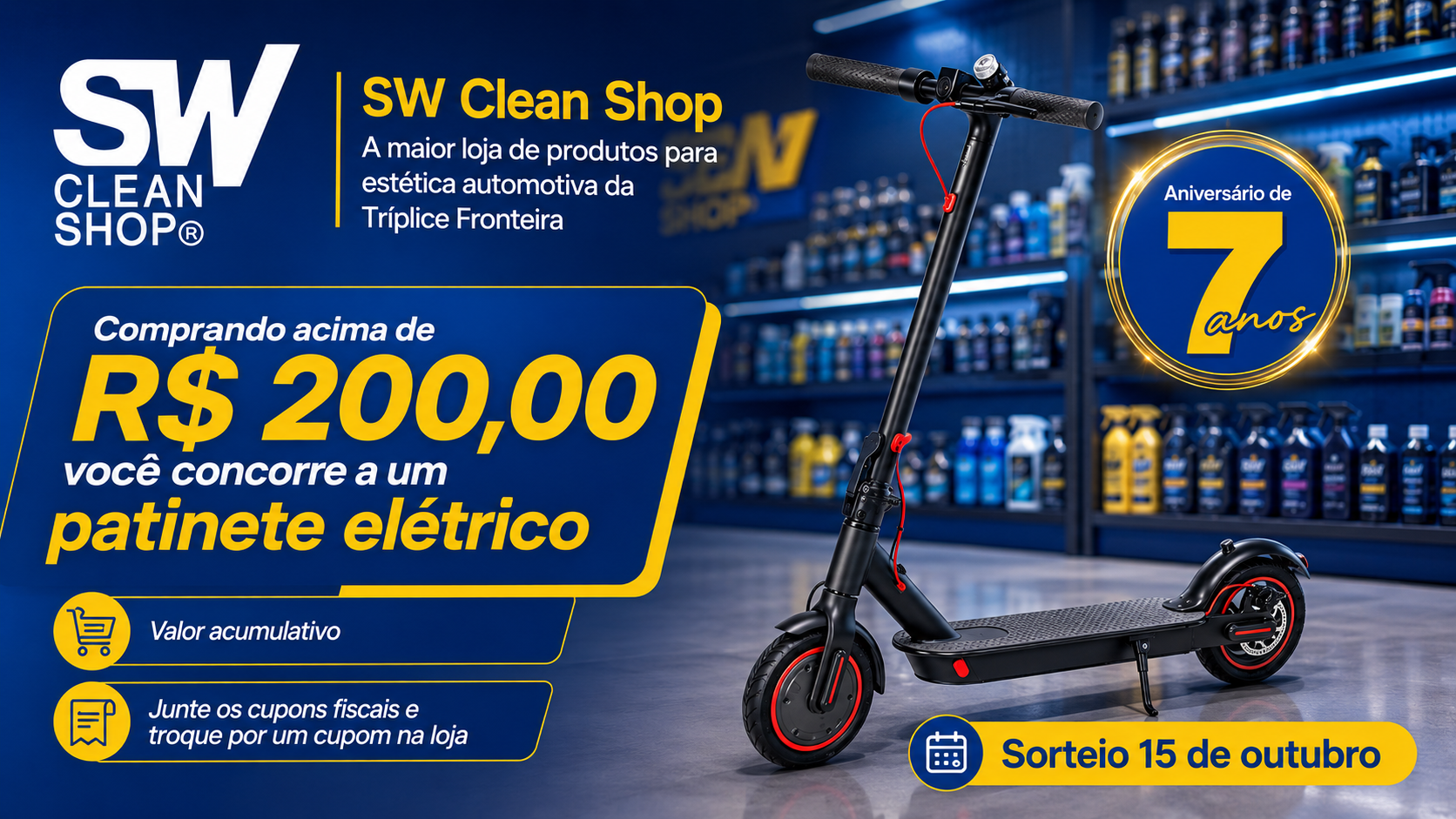 SW Clean Shop sorteia patinete elétrico em comemoração aos 7 anos da loja