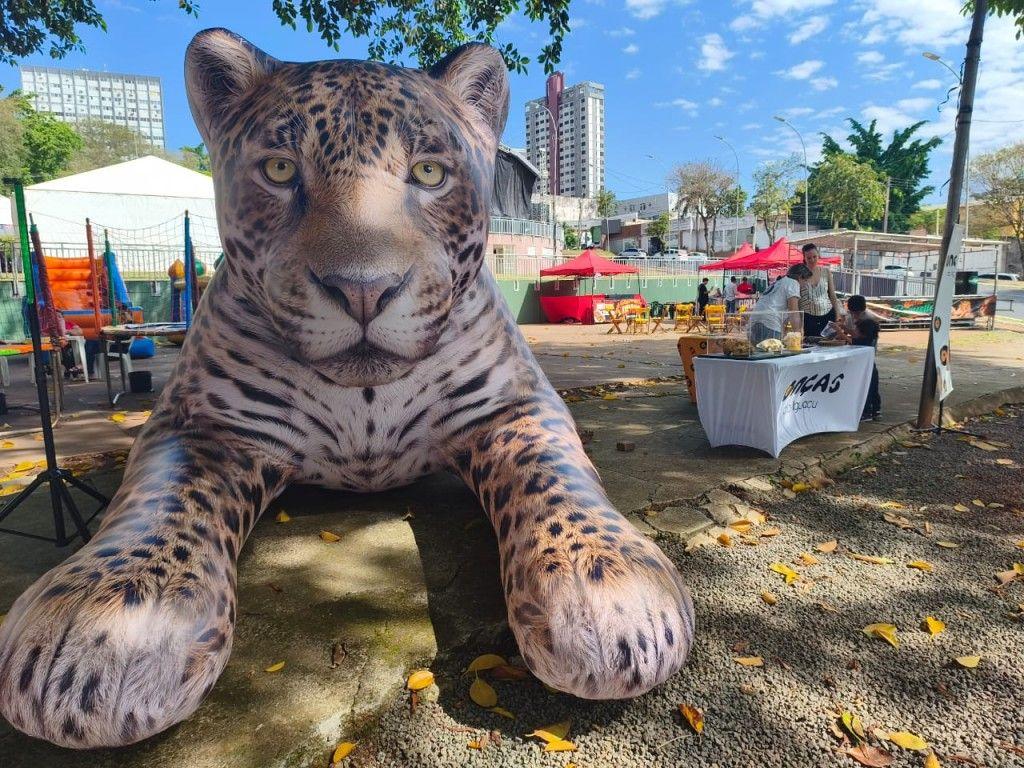 Onça-pintada gigante vira atração na Feira do Livro de Foz e aproxima público da conservação